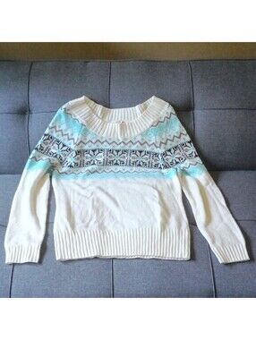 OP Womens Knit ScoopNeck LongSleeve Pullover Sweater Large Winter White/Blue